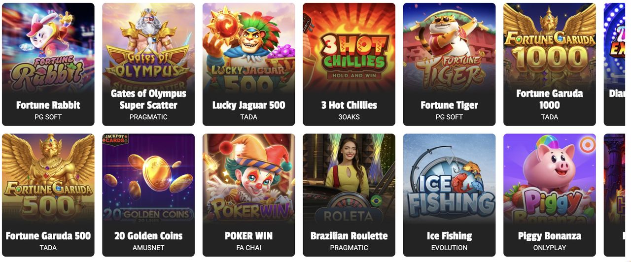 Grade de jogos da Brazino777 com Fortune Rabbit, Gates of Olympus Super Scatter, Lucky Jaguar 500, 3 Hot Chillies, Fortune Tiger, Fortune Garuda 1000, Brazilian Roulette, Ice Fishing e Piggy Bonanza